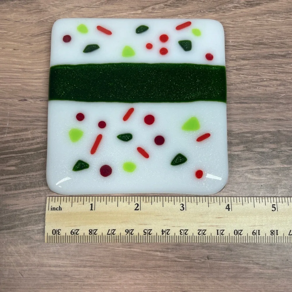 Fused Glass Red Green White Coasters Set of 2 Food Drink Bar Kitchen Decor